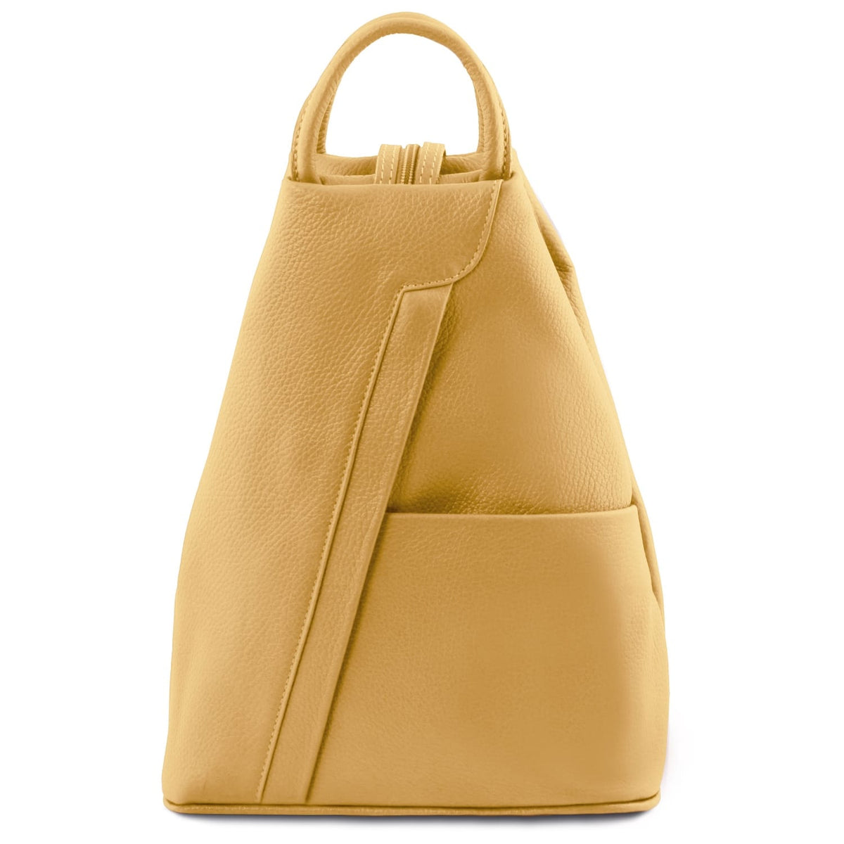 Back view of giallo senape Shanghai Italian leather backpack con manico superiore e tracolla regolabiles.