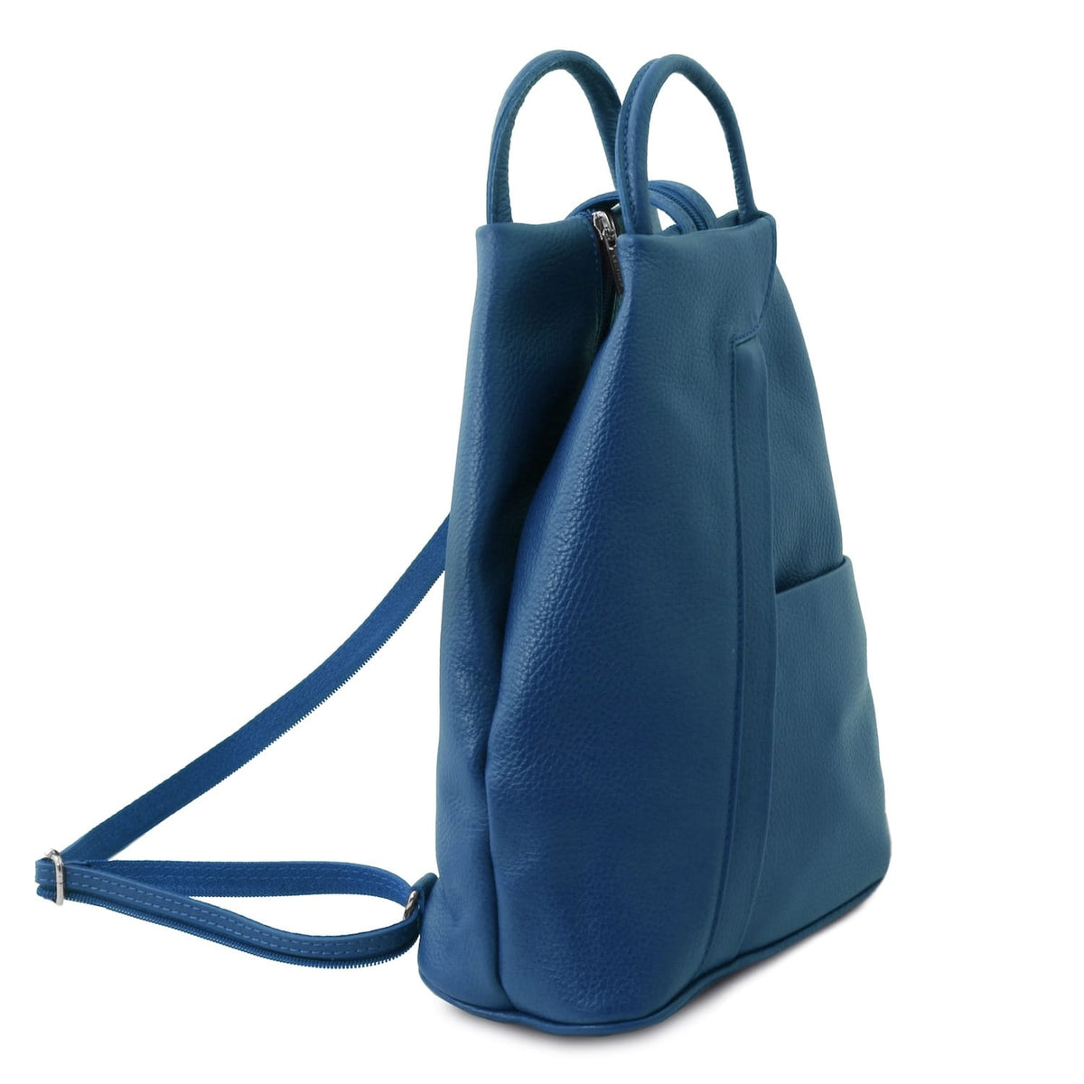 Vista laterale of blu pelle martellata Shanghai backpack con tracolla regolabile e external pocket