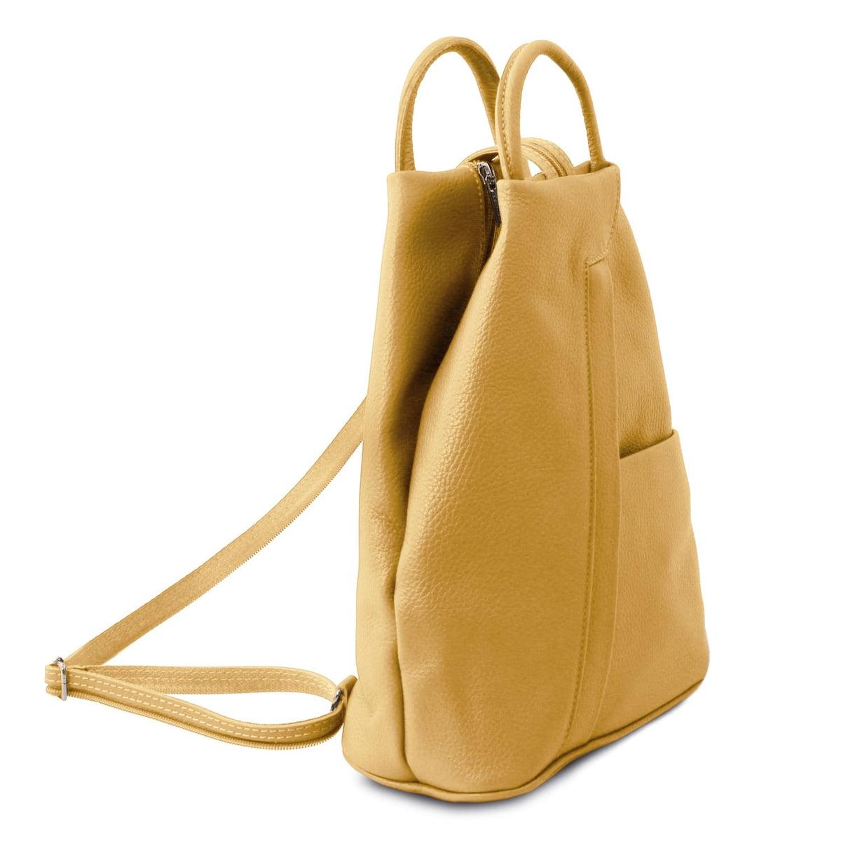 Shanghai Italian leather backpack in yellow pelle martellata con doppi manici e a side pocket