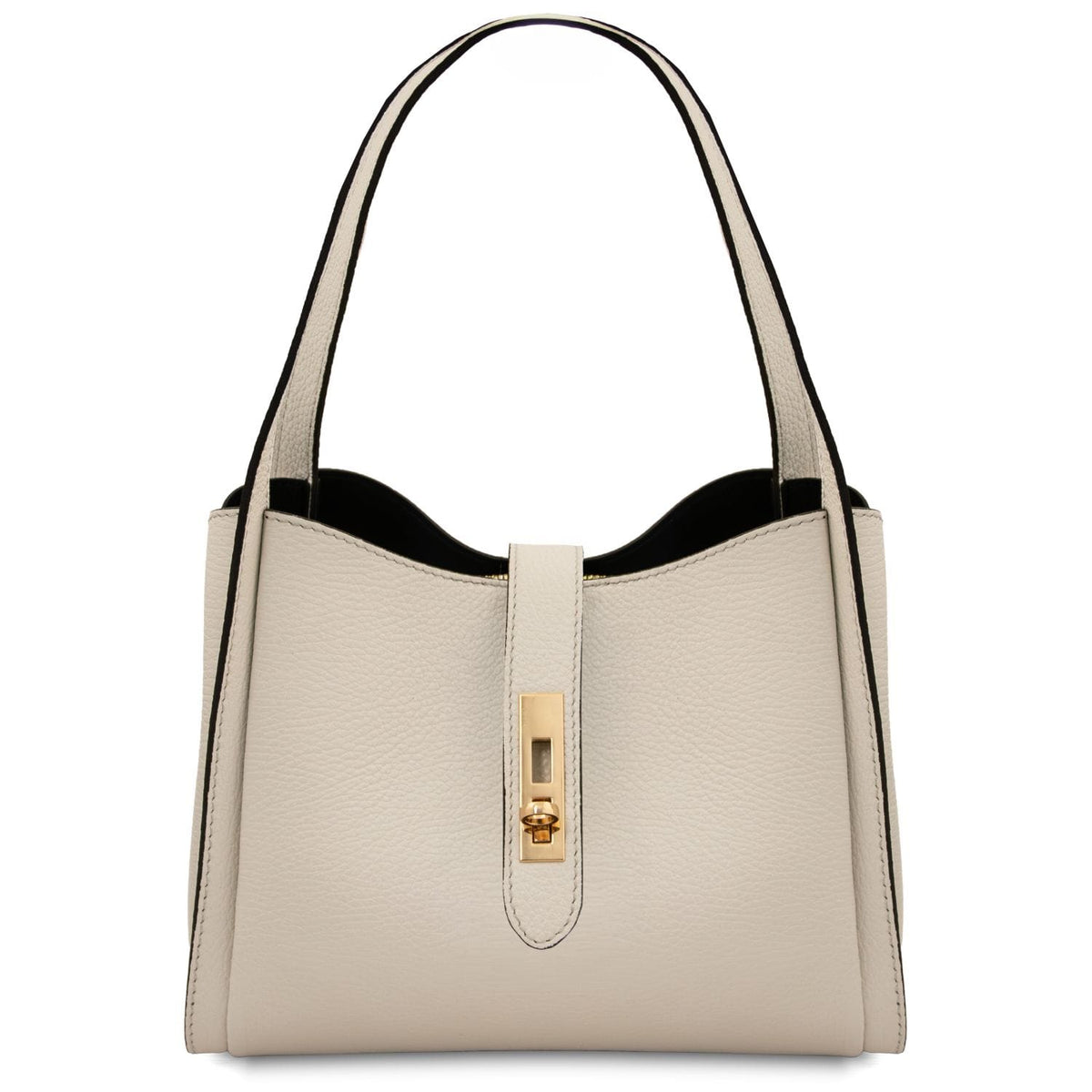 Beige textured leather handbag with black edging and gold turn lock, structured tote with two top handles.