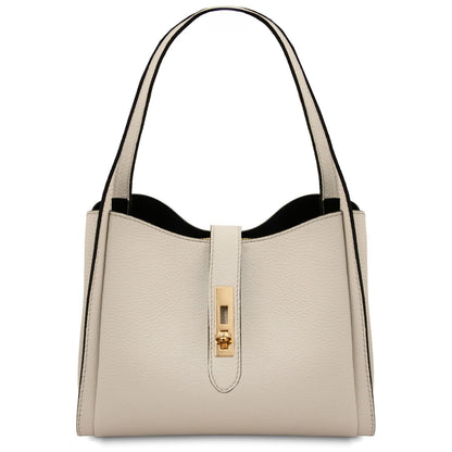 Beige textured leather handbag with black edging and gold turn lock, structured tote with two top handles.