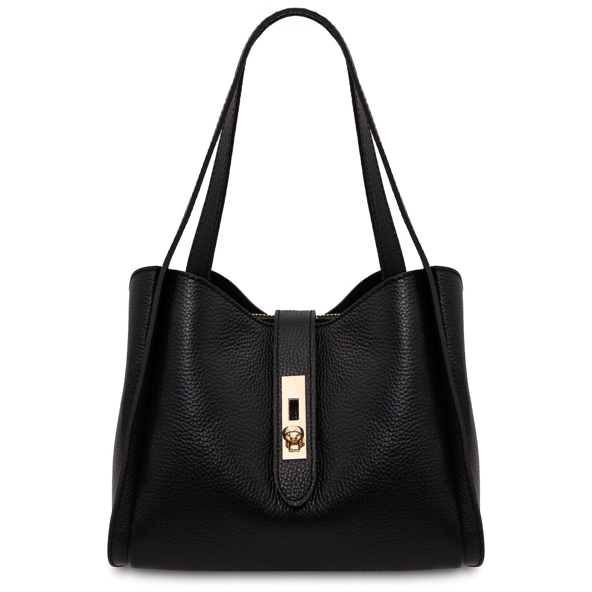 Black soft leather handbag with two top handles and a gold rectangular clasp on the front.