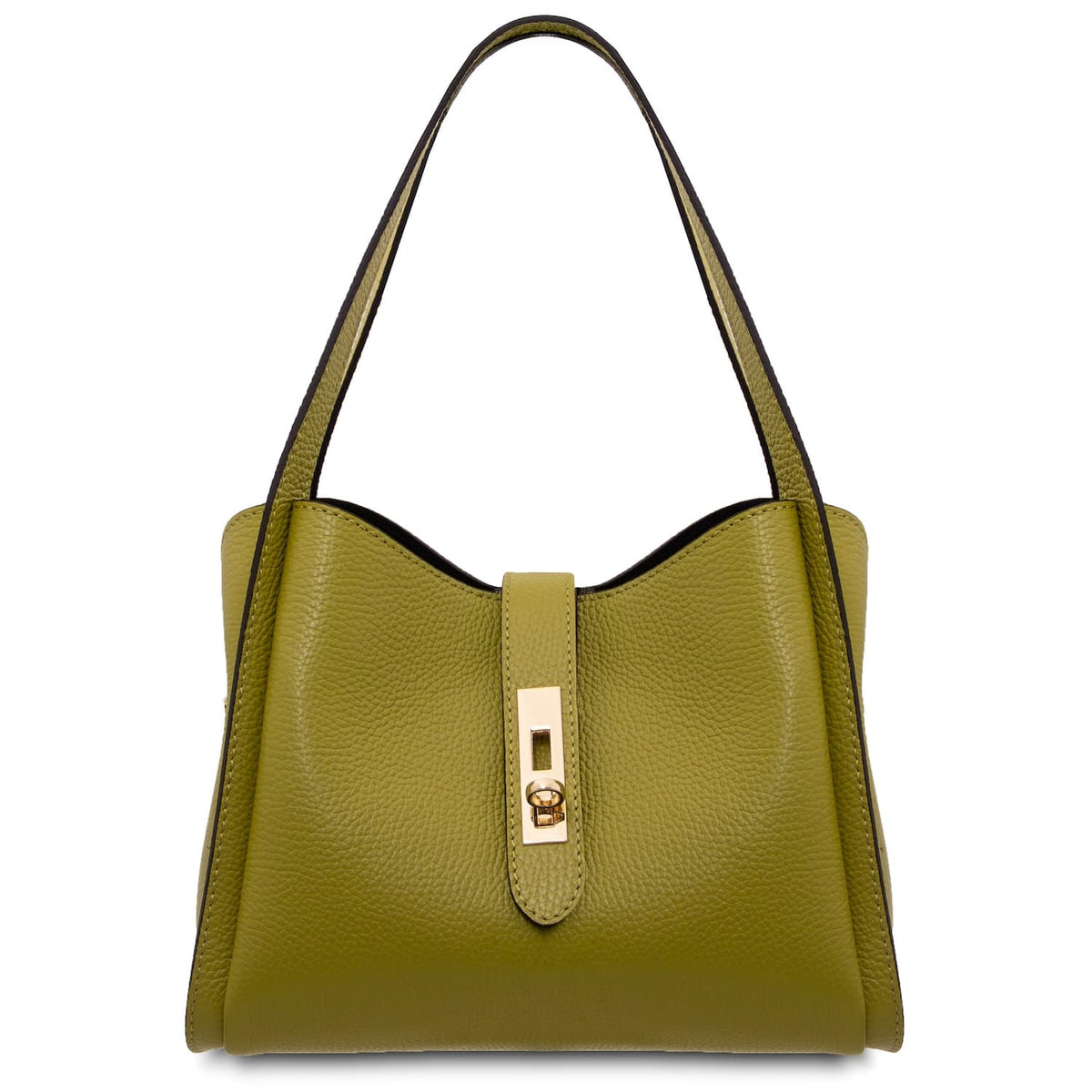 Olive green leather handbag with curved top and gold turn lock closure