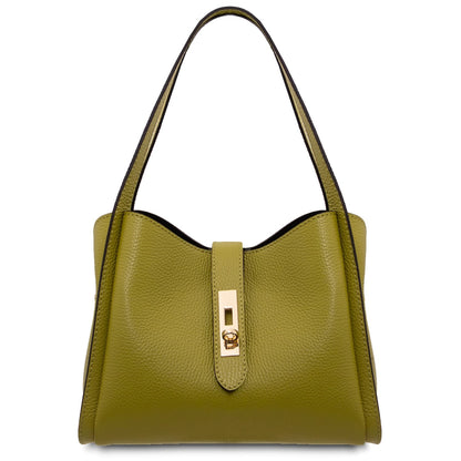 Olive green leather handbag with curved top and gold turn lock closure