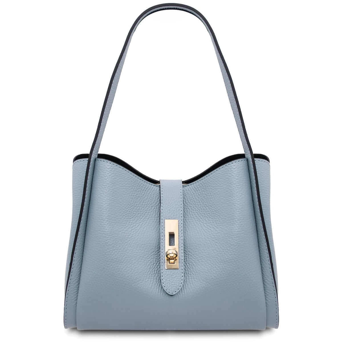 Light blue pebble leather handbag with two tone shoulder strap and gold turn lock clasp at center front