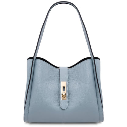 Light blue pebble leather handbag with two tone shoulder strap and gold turn lock clasp at center front