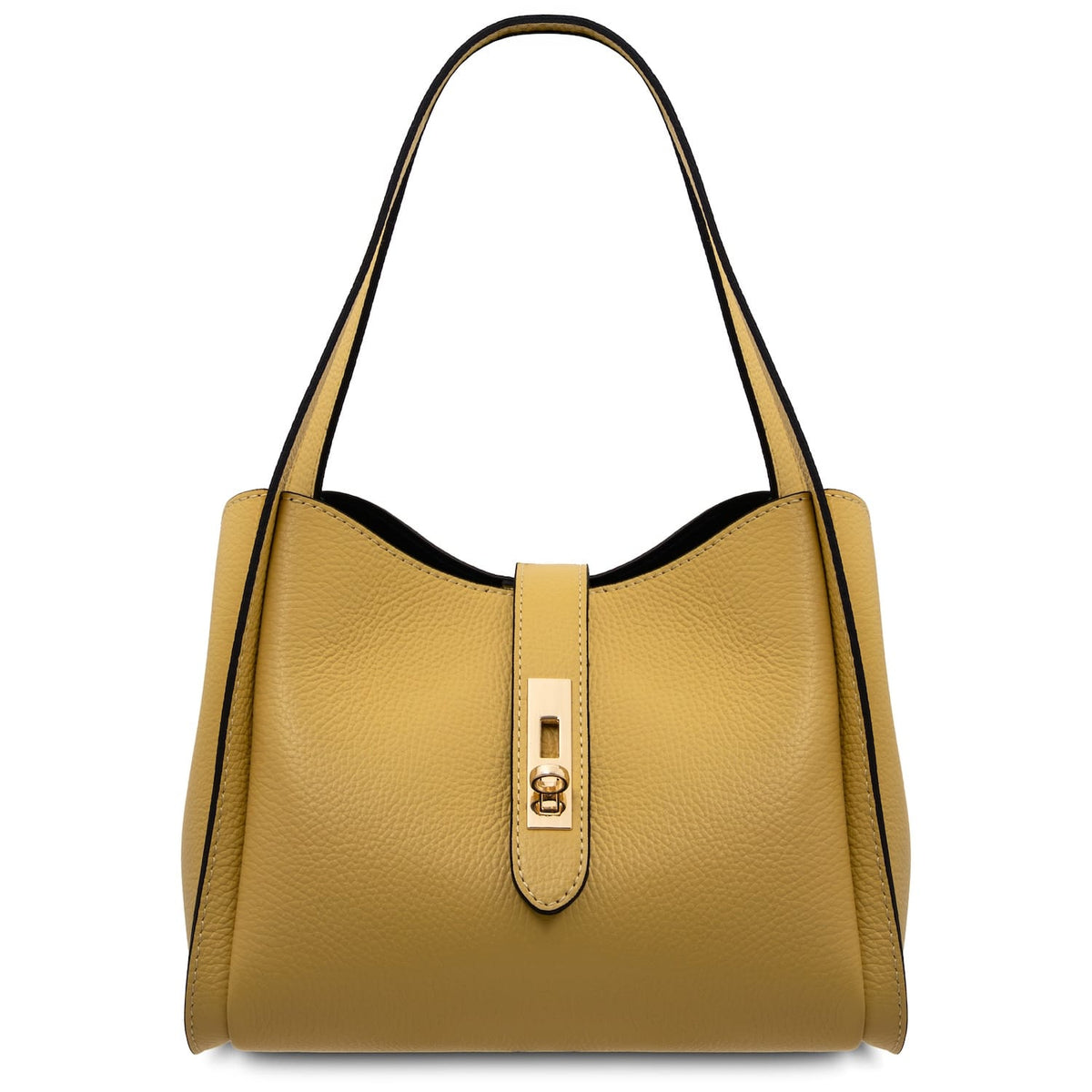 Front view of mustard leather handbag with curved top, top strap and gold lock.