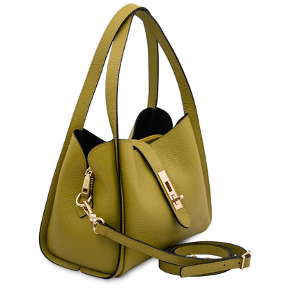 Olive yellow Soave soft leather handbag with two top handles and a detachable strap in gold hardware.