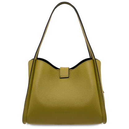 Front view of olive yellow leather handbag with curved top edge and a long shoulder strap.
