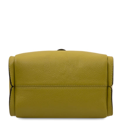 Bottom view of the olive green pebbled leather handbag with a stitched seam and clean edges.