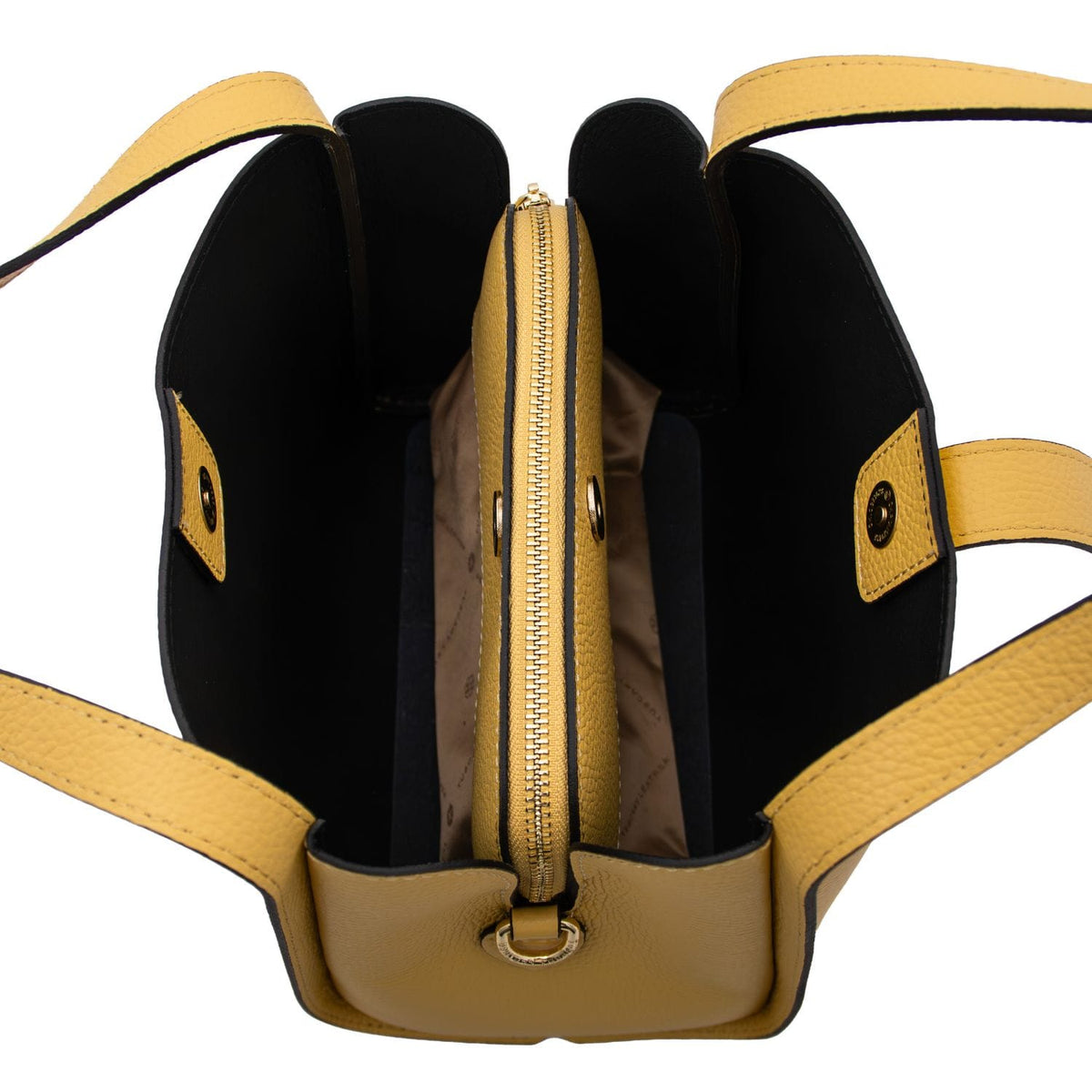 Soave soft leather handbag viewed from above with a center zip divider and twin yellow handles