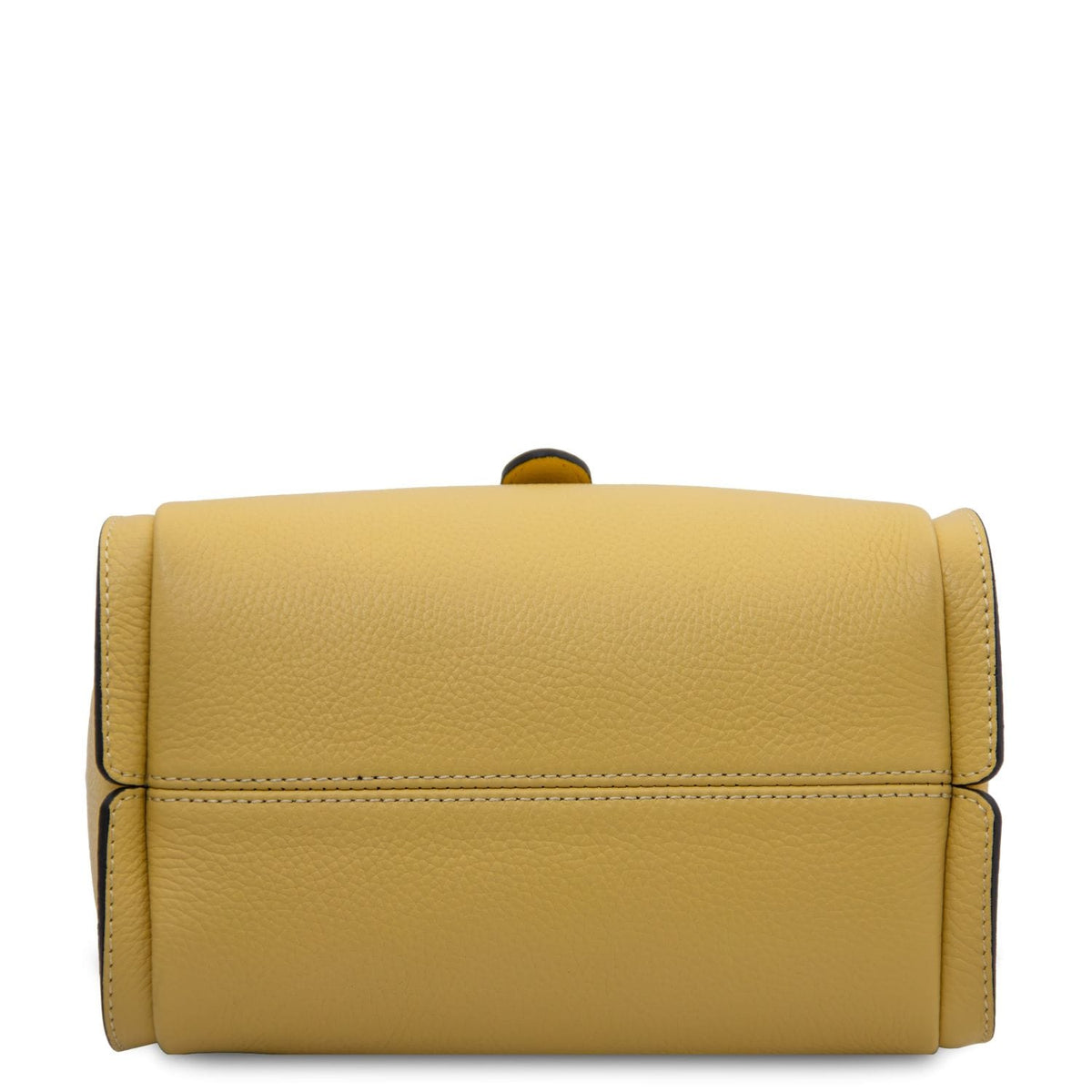 Base of mustard yellow soft leather handbag with visible stitching.