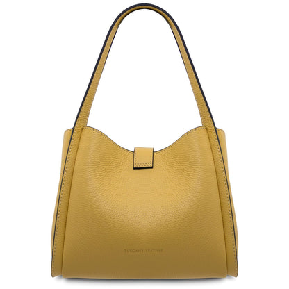 Soave mustard yellow soft leather handbag with curved top and gold-tone hardware