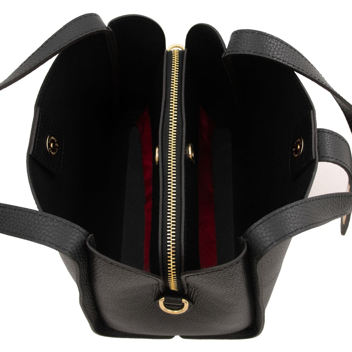 Inside view of the Soave handbag showing two compartments and a central zip divider with red lining