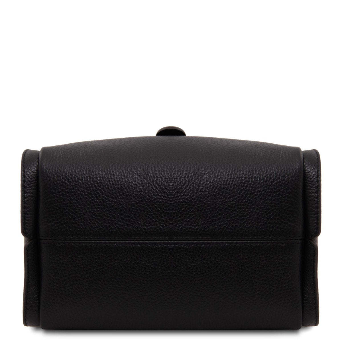 Close up of black pebbled leather bag with gold rectangular lock hardware