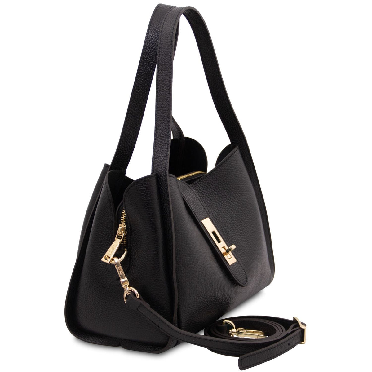 Side view of the black Soave handbag showing a detachable shoulder strap and gold hardware.