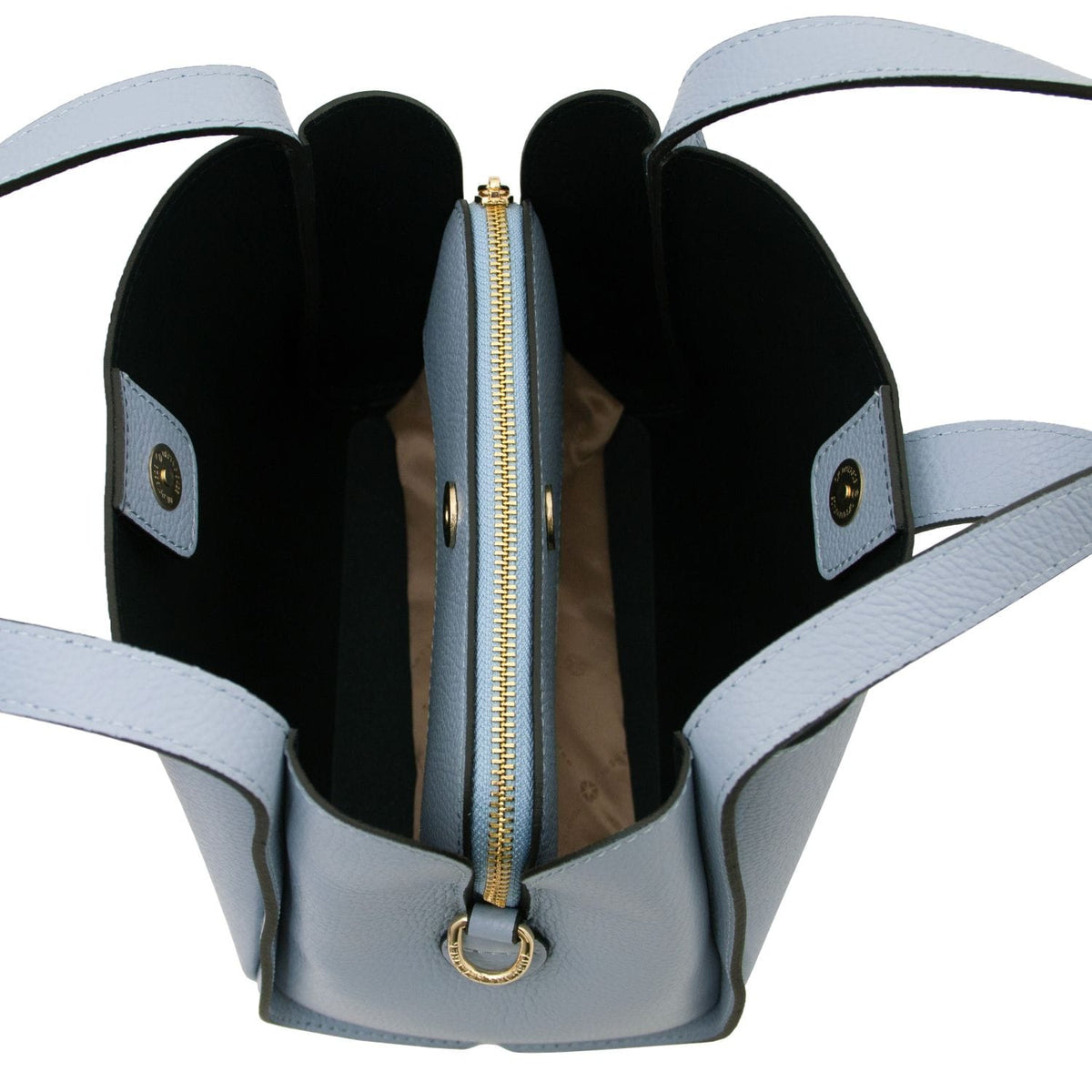 Top view of a light blue Soave soft leather handbag opened to reveal interior compartments and a gold zipper.