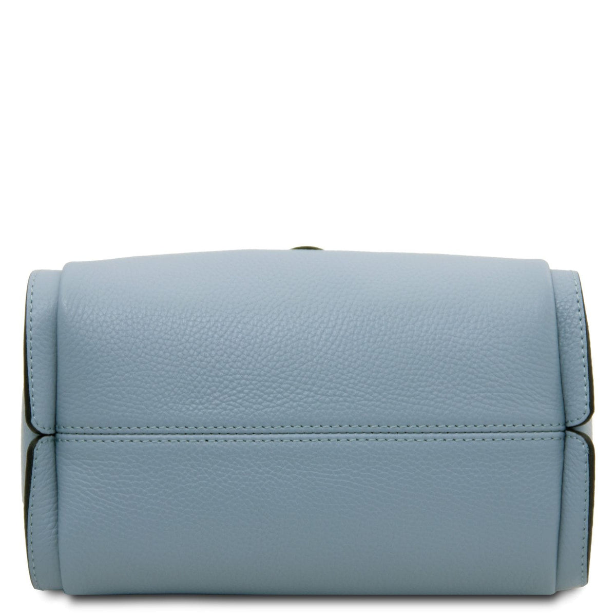 Bottom view of pale blue pebbled leather Soave handbag.