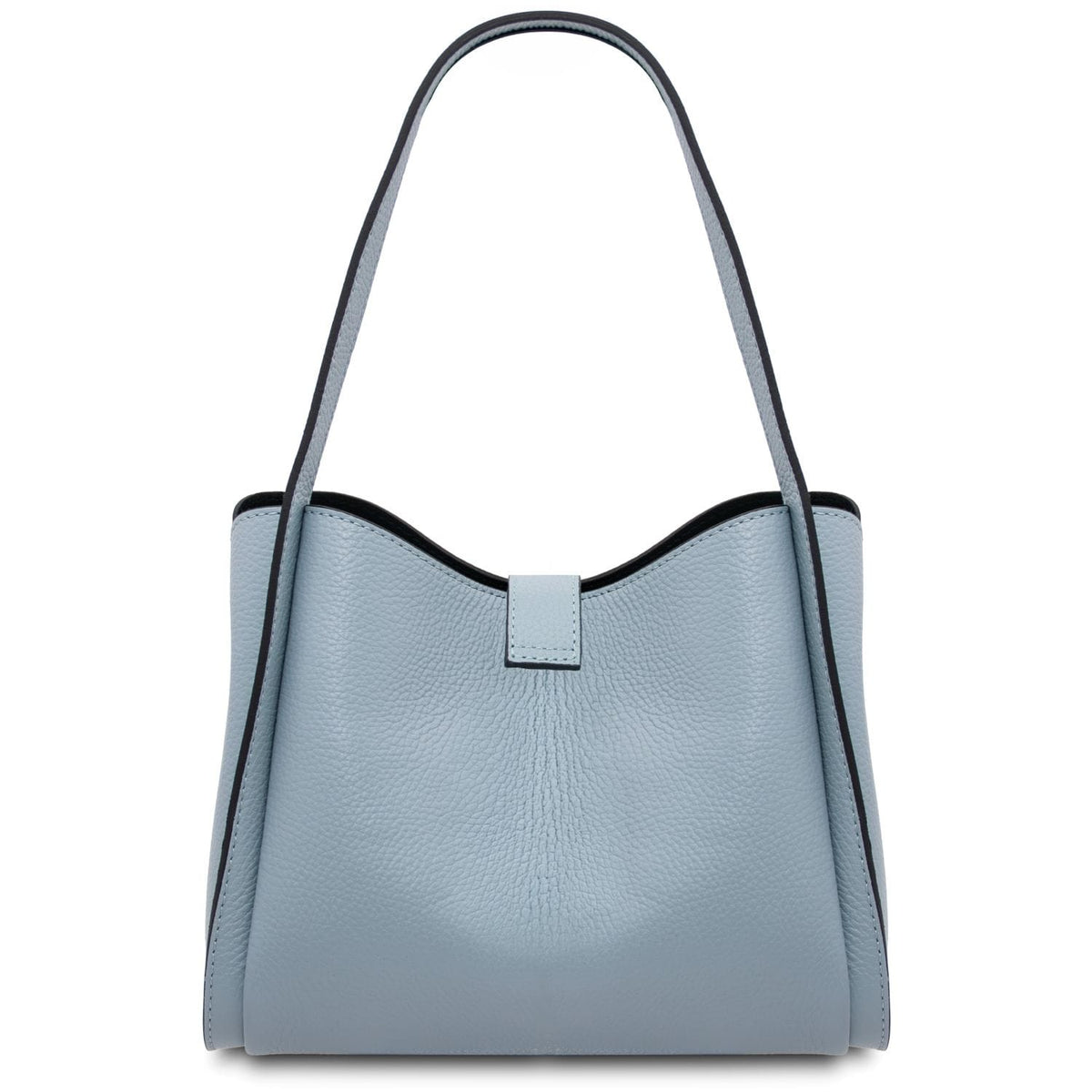 Front view of light blue pebble leather handbag with curved top and central strap closure