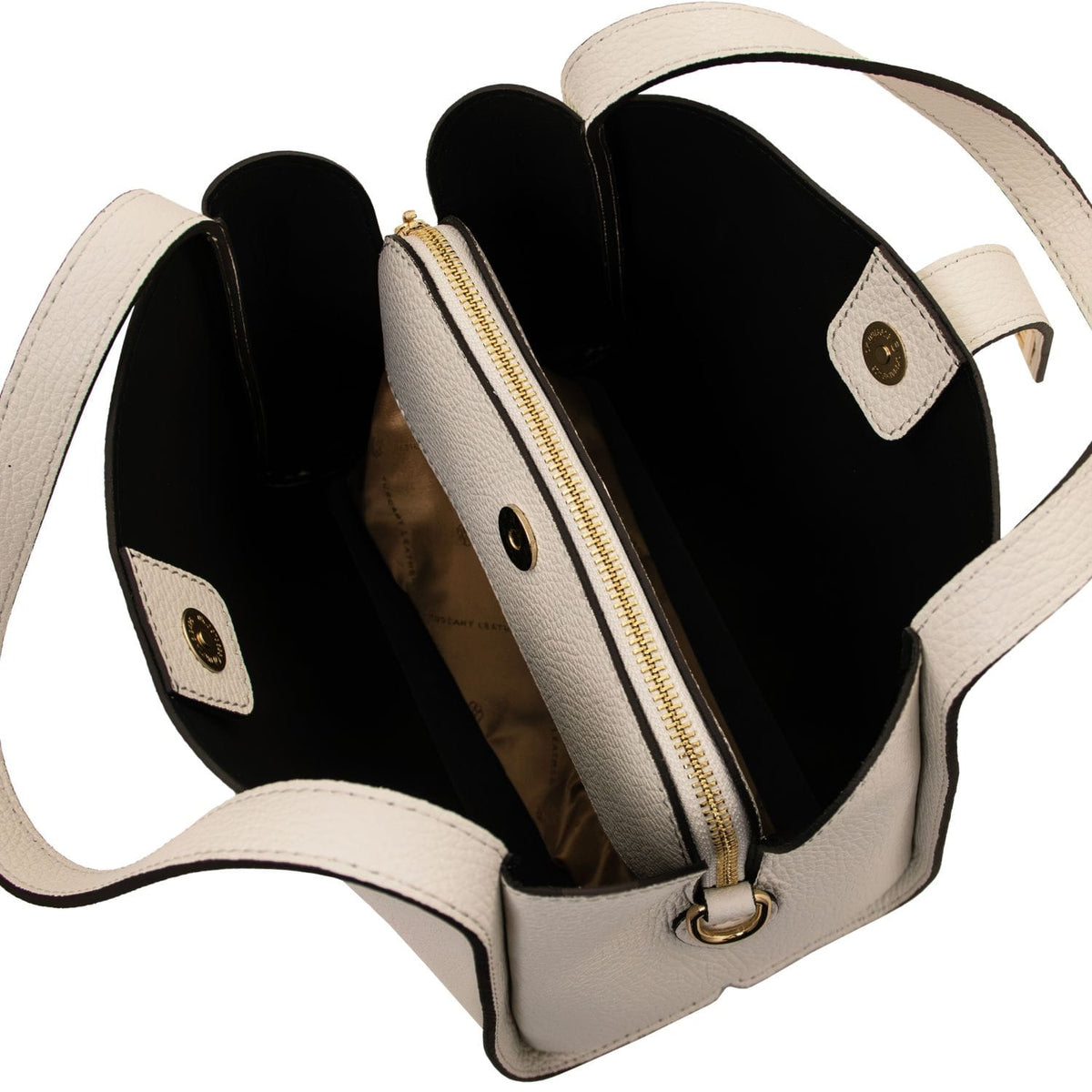 Beige soft leather handbag with open top and black interior and a central zip pocket.