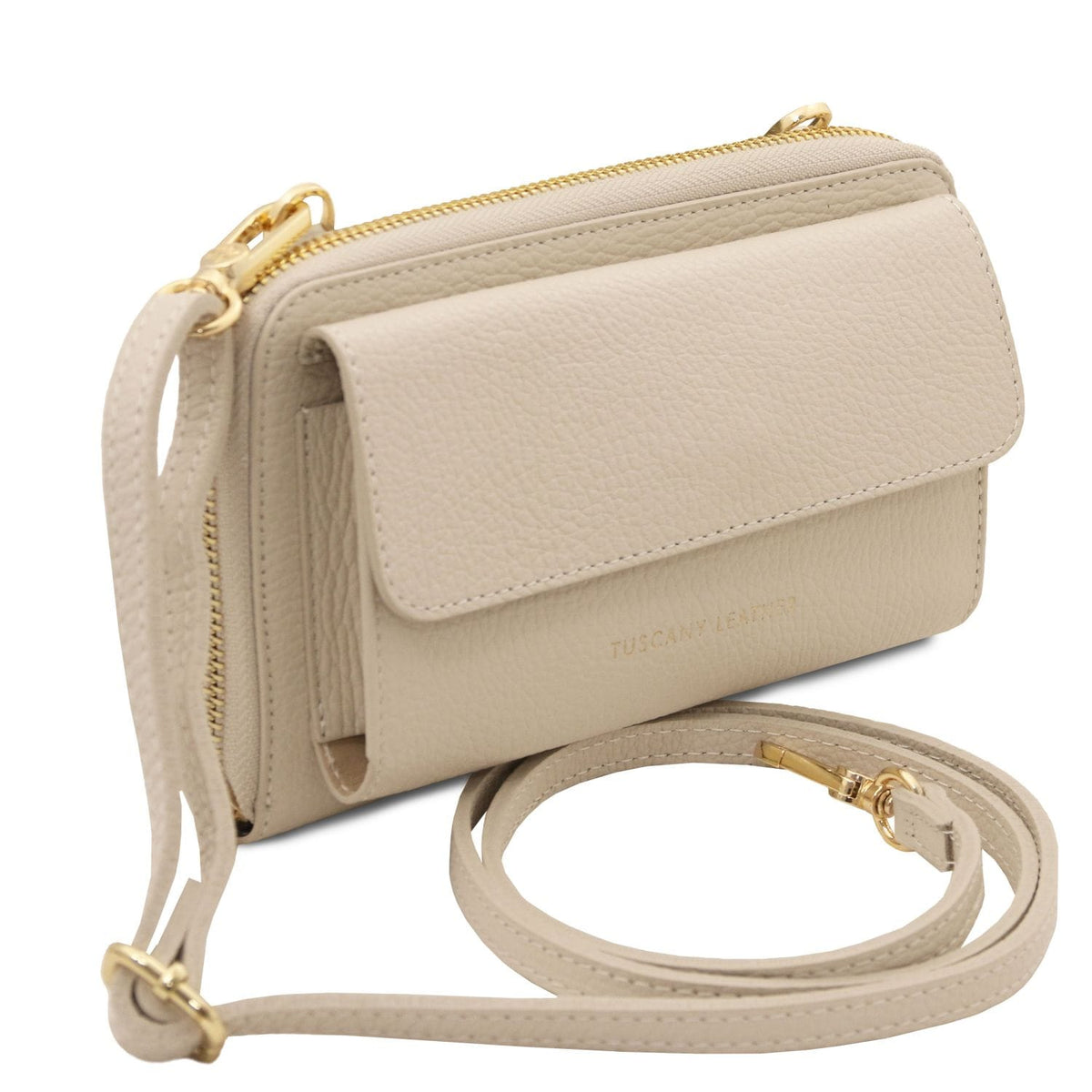 Beige pebble leather cartera para móvil with attached strap and cremallera dorada along the top