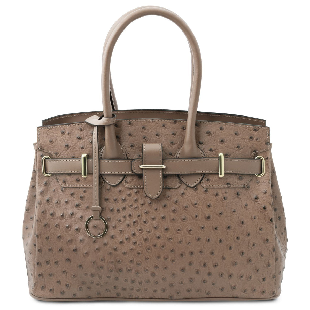 A structured taupe ostrich-print leather handbag with dual top handles, a front strap closure, and gold-tone hardware, shown against a plain white background.