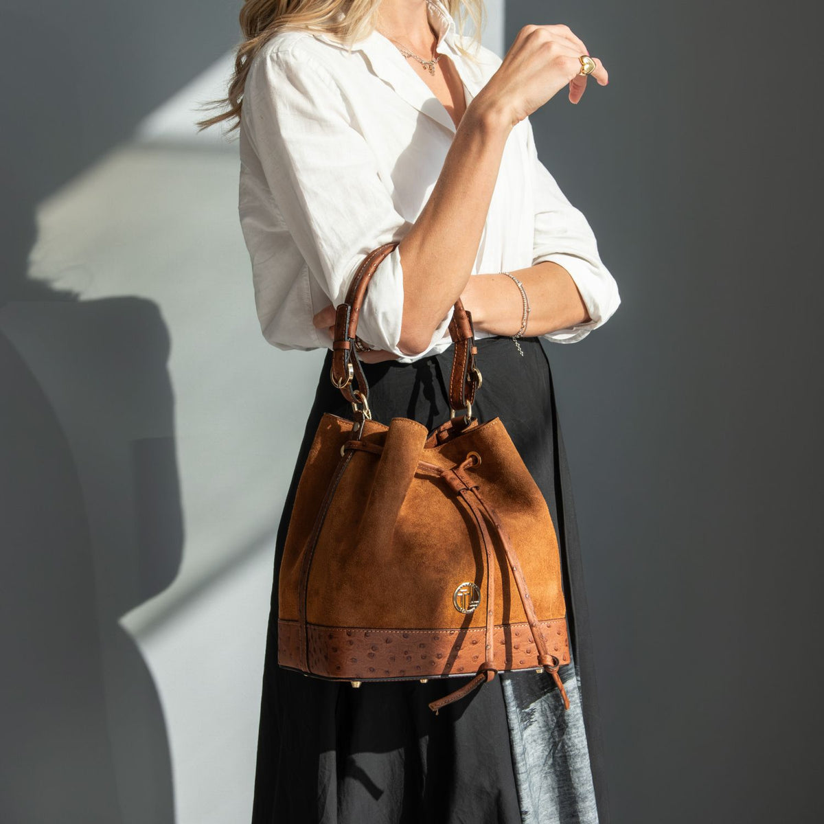 Ostrea - Drawstring Suede and Ostrich-Effect Printed Leather Bucket Bag