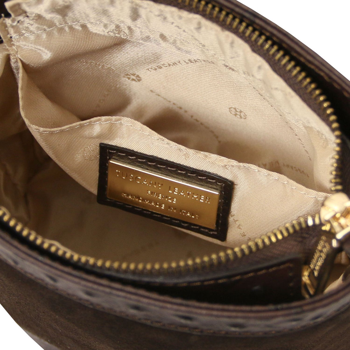 Ostrea – Beuteltasche aus Veloursleder und Leder mit Straußenprägung