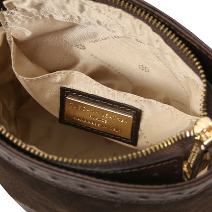 Ostrea – Beuteltasche aus Veloursleder und Leder mit Straußenprägung