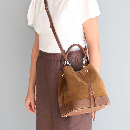 Ostrea - Suede and Ostrich-effect Printed Leather Bucket Bag