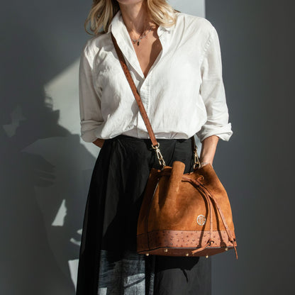 Ostrea - Drawstring Suede and Ostrich-Effect Printed Leather Bucket Bag