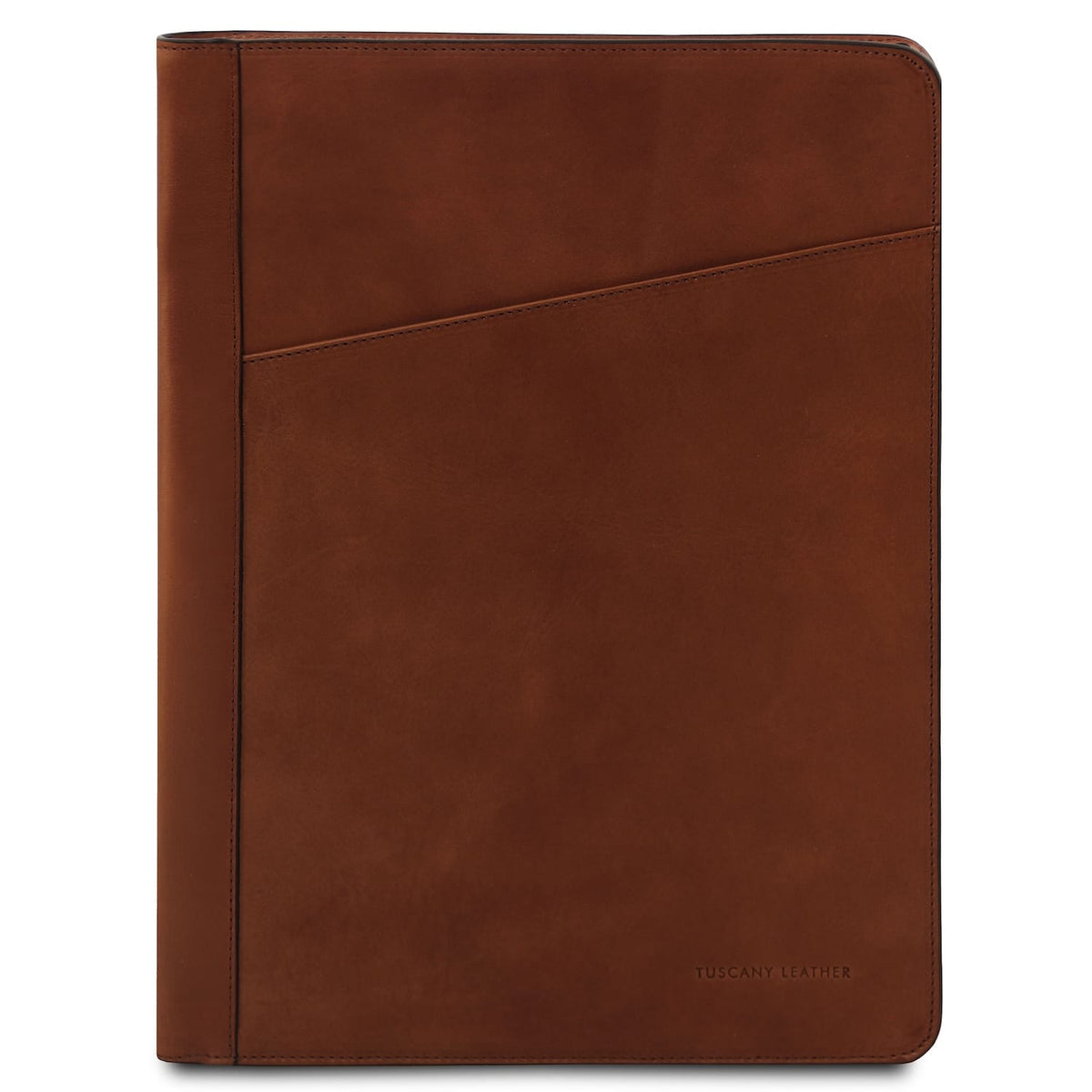 Tiberio leather document case in warm brown with diagonal front pocket and neat stitching.