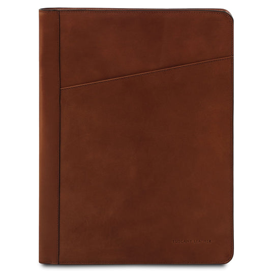 Tiberio leather document case in warm brown with diagonal front pocket and neat stitching.