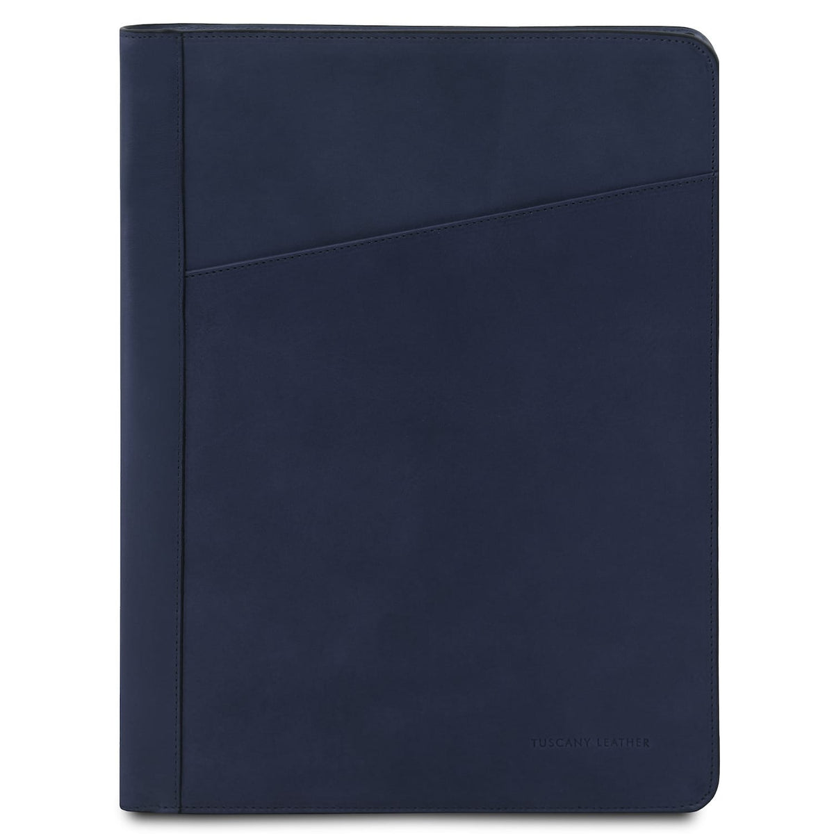 Azul marino blue leather document case closed with a diagonal front pocket and neat stitching