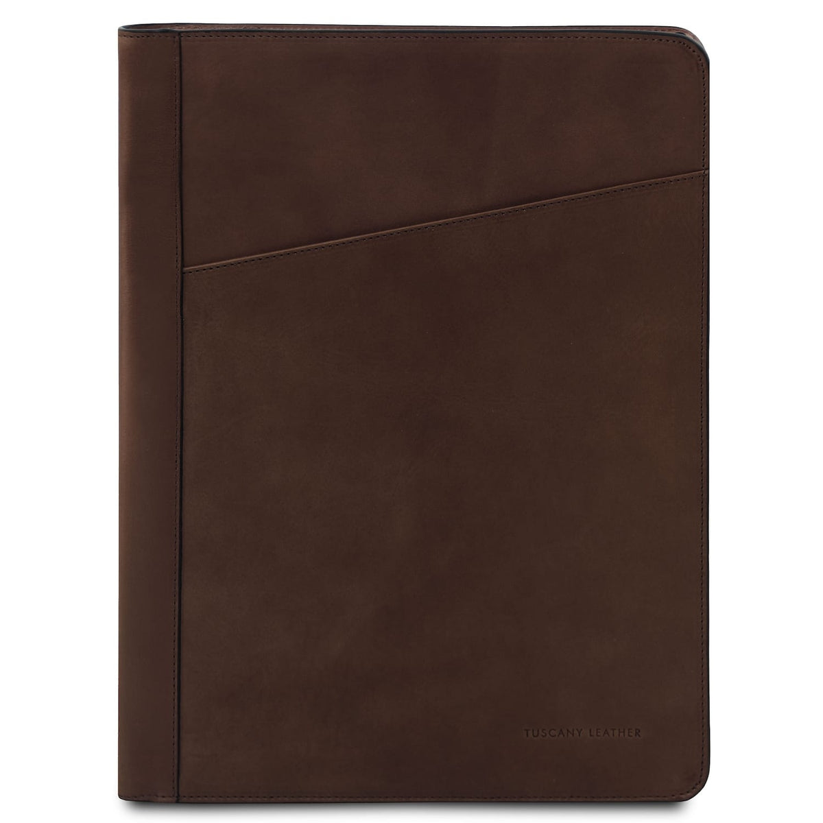Vista frontal of Tiberio brown leather document case with diagonal pocket and Tuscany Leather branding.