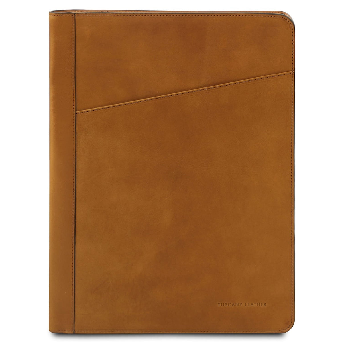 Vista frontal of cuero leather document case with diagonal panel and Tuscany Leather stamp