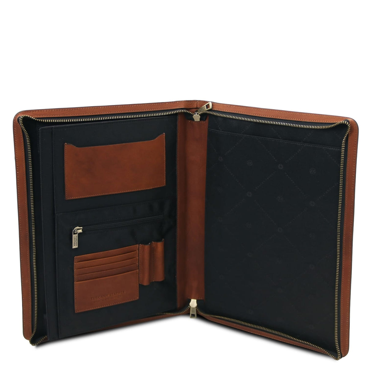 Abierto interior of the Tiberio leather case with cuero ranuras para tarjetas and a bolsillo con cremallera against black lining