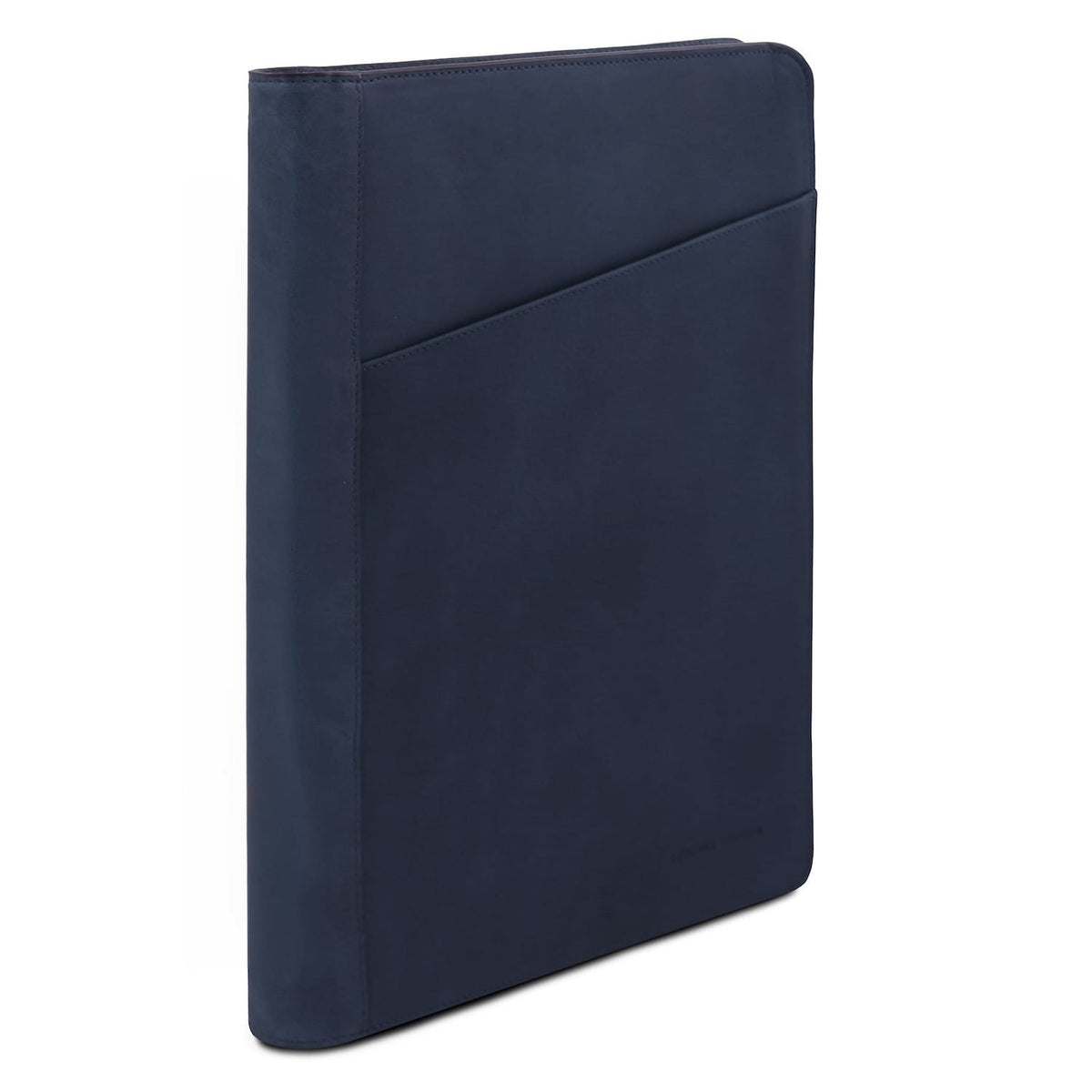 Vista lateral of azul marino leather document case mostrando rounded edges and diagonal front pocket