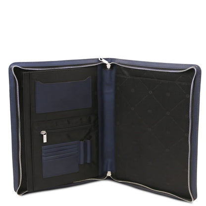 Abierto azul marino Tiberio leather document case mostrando interior ranuras para tarjetas and bolsillo con cremallera