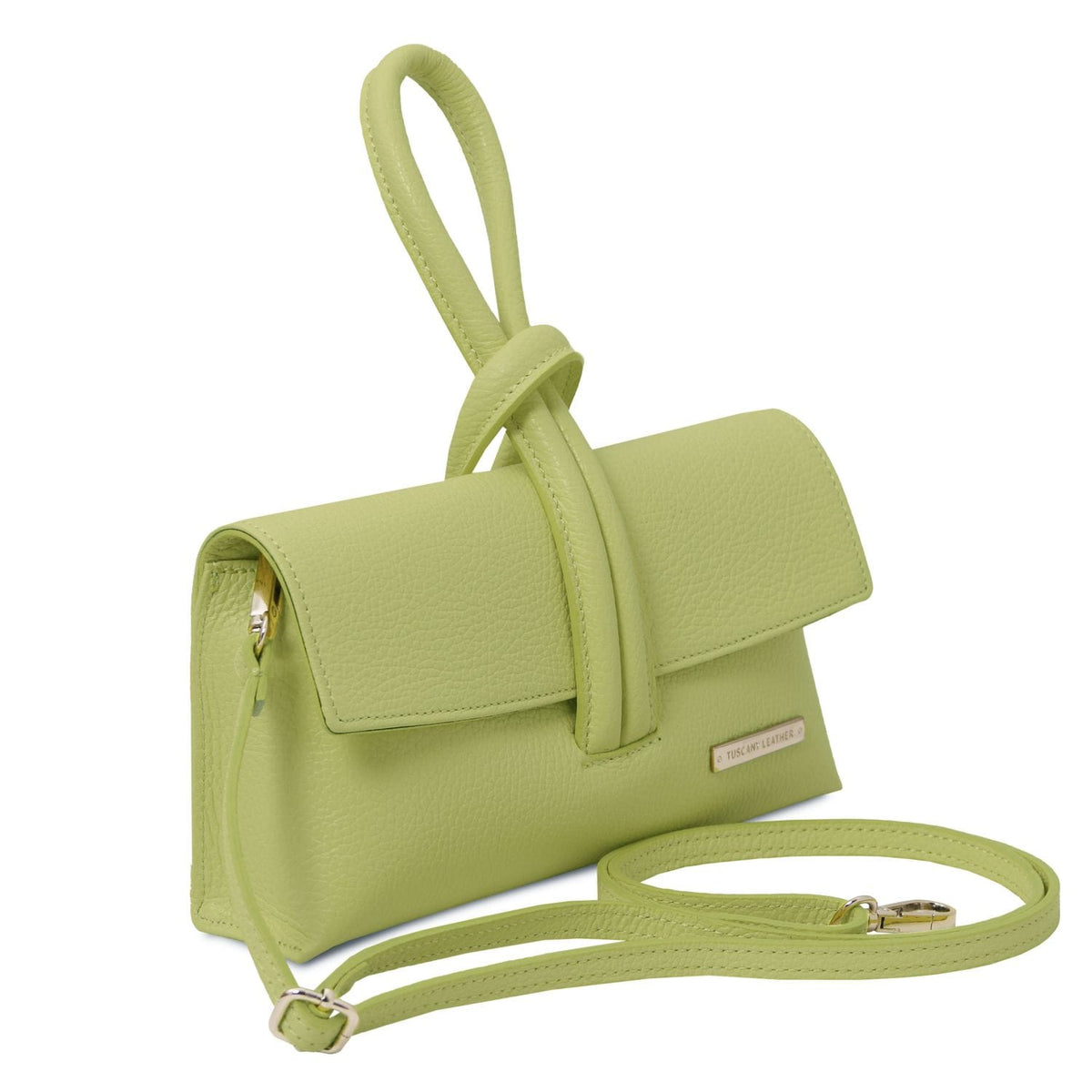 Lime green foldover leather clutch with flap and detachable long strap and finitions dorées