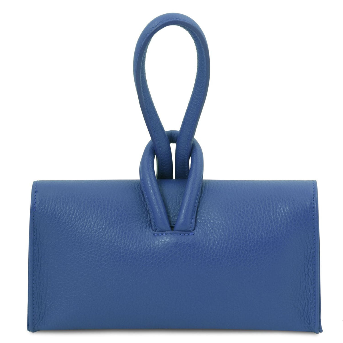 Blue leather foldover clutch with a double loop handle.