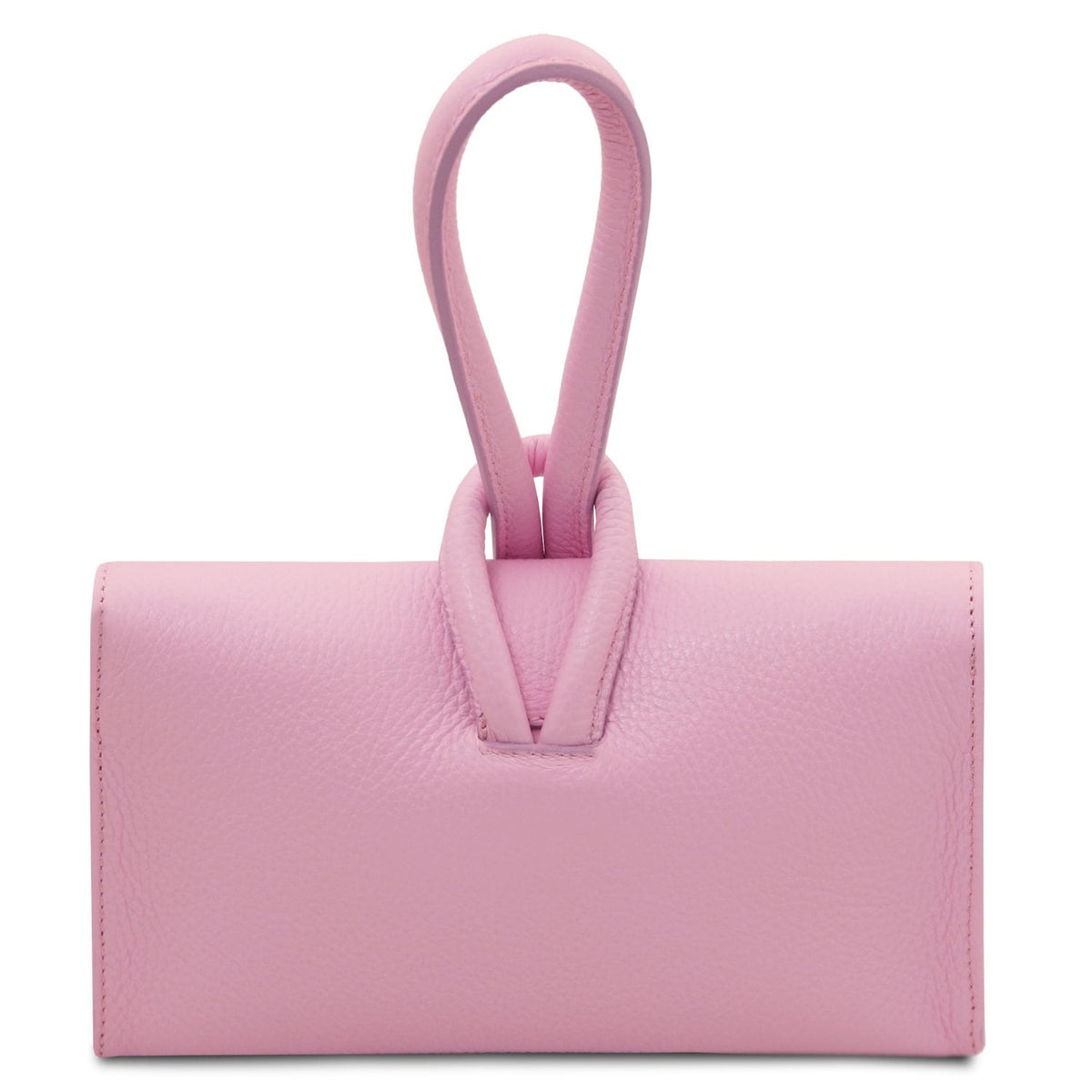 Rose foldover leather clutch with a looped poignée supérieure