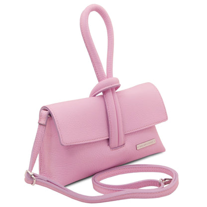 Rose doux foldover leather clutch with long bandoulière amovible and front loop detail