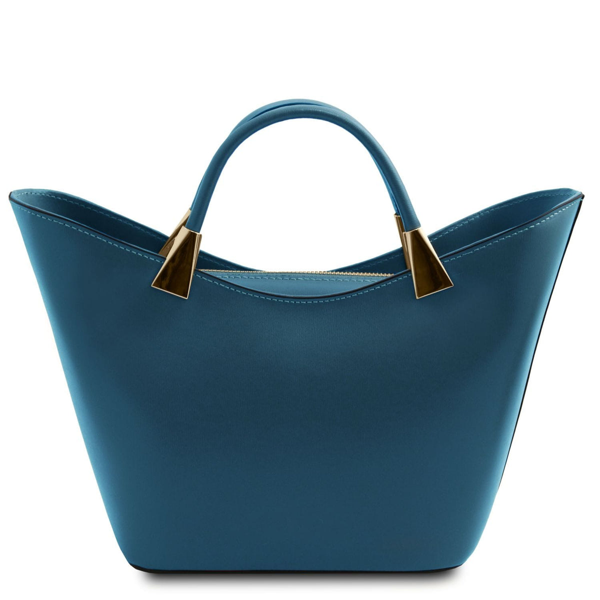 Blue TL Bag with curved top and gold-tone hardware on handle attachments