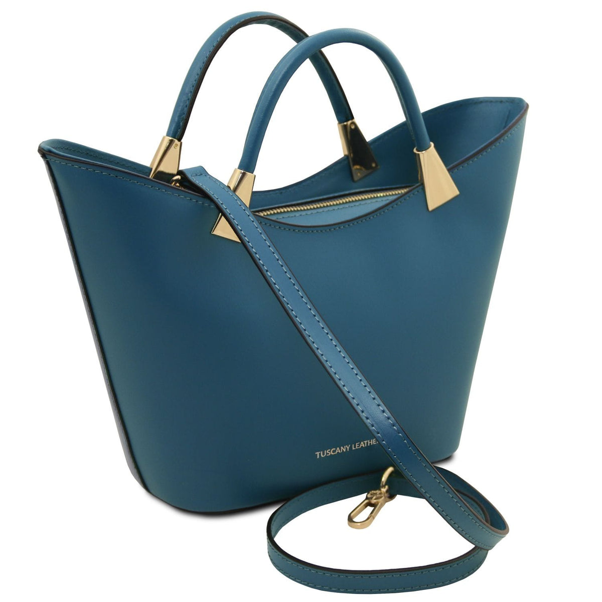 Blue TL Bag Italian leather handbag with dual top handles and gold-tone hardware