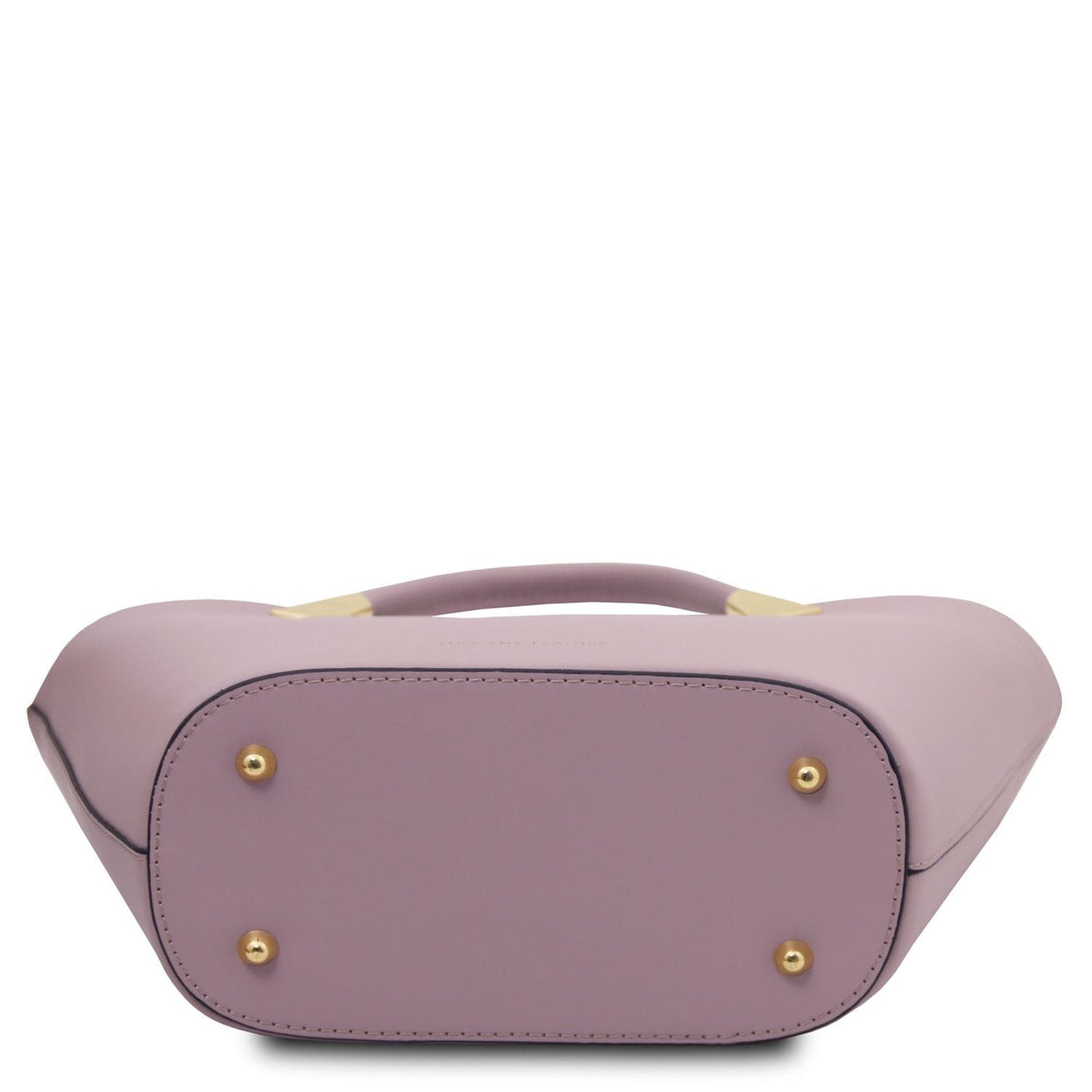 Bottom view of lavender TL Bag showing four gold studs on the base