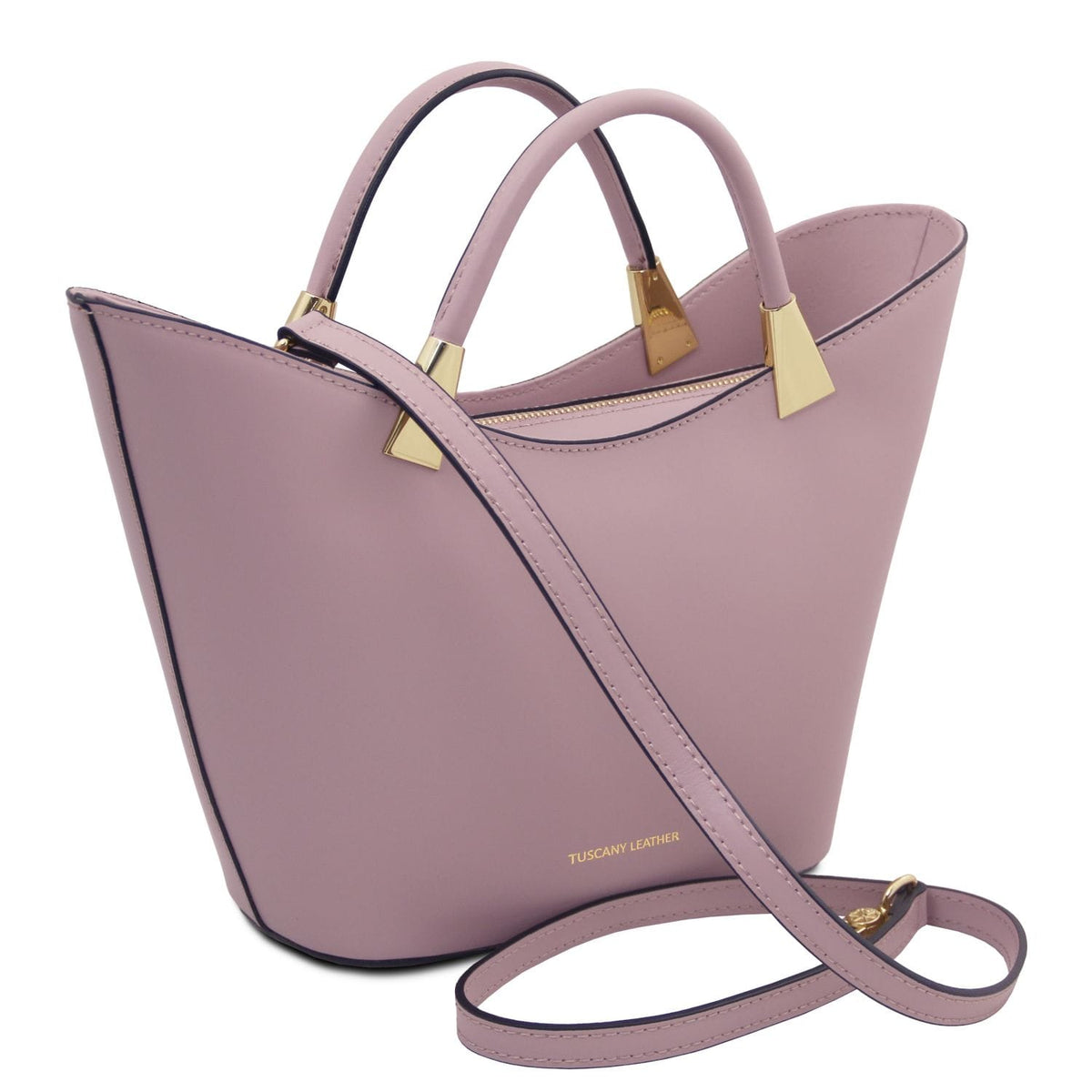 Lavender TL Bag Italian leather handbag with two top handles and a detachable shoulder strap, gold-tone hardware