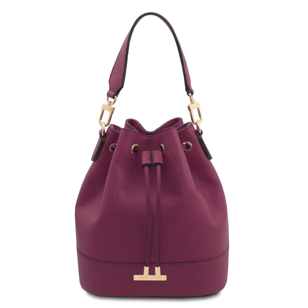 TL Bag - Leather bucket bag | TL142146 in burgundy pebbled leather with drawstring closure and detachable shoulder strap on white background