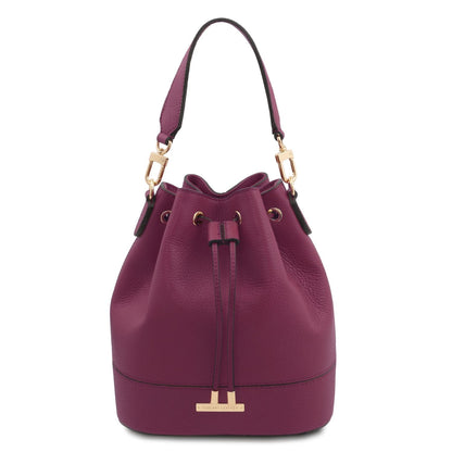 TL Bag - Leather bucket bag | TL142146 in burgundy pebbled leather with drawstring closure and detachable shoulder strap on white background