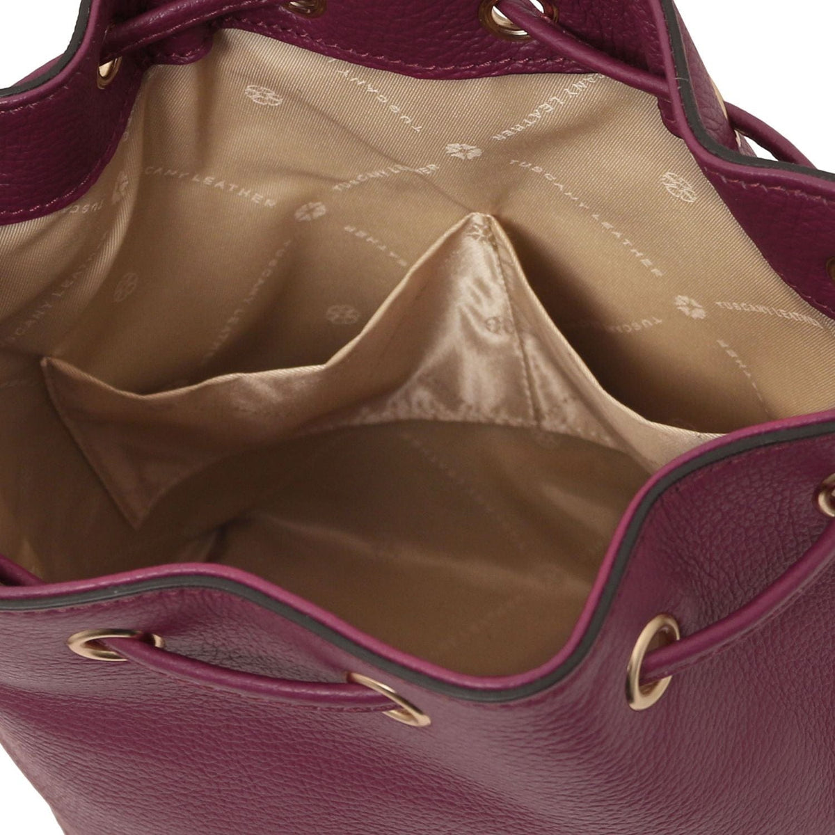 TL Bag - Leather bucket bag | TL142146 in burgundy pebbled leather with beige fabric interior and drawstring closure on white background.